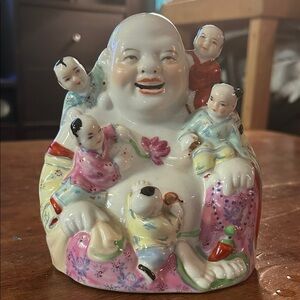 Vintage Laughing Buddha Figurine w/ Children | Hand-Painted Ceramic